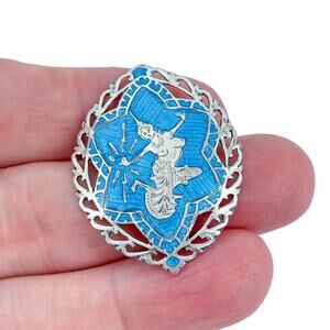 Vintage Sterling Silver 925 Blue Niello Siam Filigree Brooch
